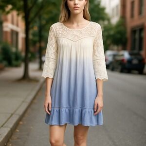 Umgee Lace Ombre Dress Bohemian Casual 3/4‎ Sleeve Tunic Dress Size S